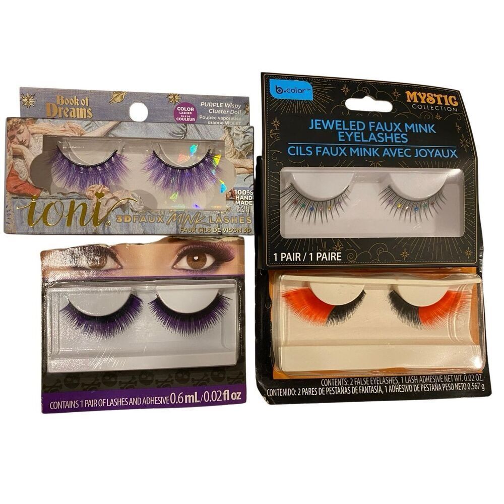 Lot Of 4 False Eyelashes Ioni B Purple Color Colorful Jeweled Orange Makeup